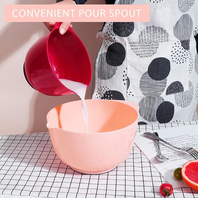 BoxedHome Classic Mixing Bowls Set of 4, BPA Free Plastic, Microwave Safe | 4.5, 3.5, 2.5 and 1.7 Quarts, Non-slip Base Large Non-toxic Nesting Bowl with Pour Spout, Dishwasher Safe, for Prep, Cooking