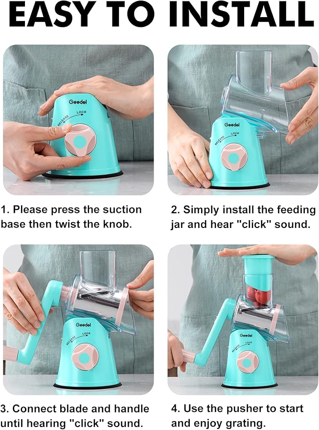 Geedel Rotary Cheese Grater, Kitchen Mandoline Vegetable Slicer with 3 Interchangeable Blades, Easy to Clean Rotary Grater Slicer for Fruit, Vegetables, Nuts