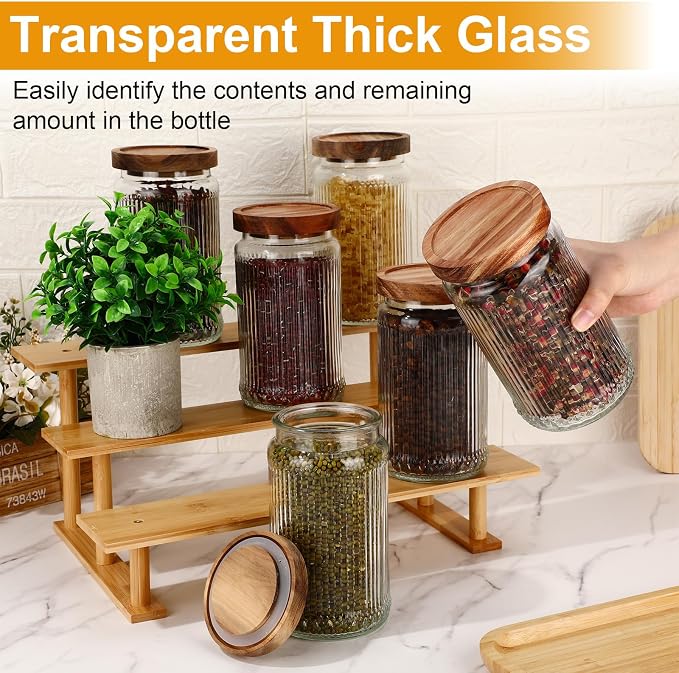 6 Pcs 1000ml/34 oz Vintage Glass Jars with Wood Lids | Airtight Ribbed Containers, Wood Lids for Coffee Beans Tea Sugar Flour Spices, Stackable Pantry Countertop Storage Organizer