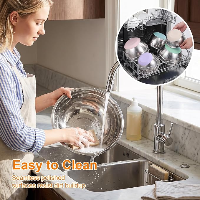 5PCS Stainless Steel Mixing Bowls Set With Non-Slip Silicone Base | 1.5/2/2.5/3.4/5.3Qt, Nesting Space Saving, Heavy Duty, Large Prep Metal Bowl For Mixing Baking, Serving, Kitchen Food Storage