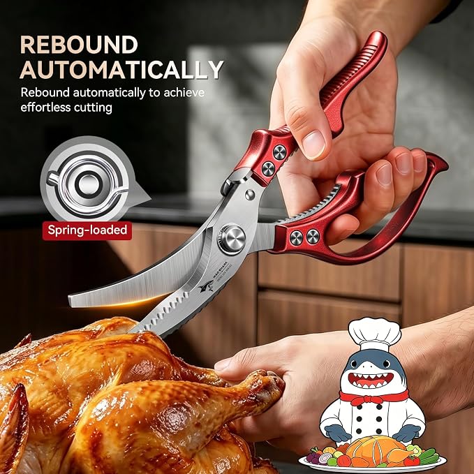 Professional Heavy Duty Poultry Shears - Kitchen Shears for Spatchcocking Chicken and Meat Cutting, Multi-Purpose Kitchen Scissors for Food, Spring-loaded (Red)