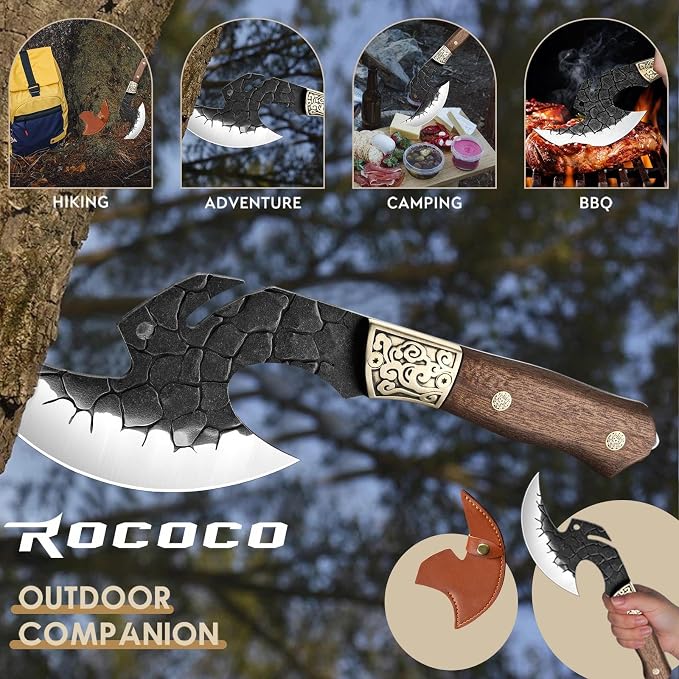 ROCOCO Viking Cleaver Knife Birthday - Full Tang Kitchen Axe Gift Men | Hand Forged Butcher Meat Cutting Boning Knife Home Outdoor BBQ Camping Birthday Father Mother Gift
