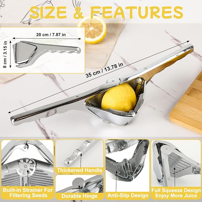 Lemon Squeezer, Stainless Steel Hand Flat Manual Juicer, Lime Press Handheld, Easy to Use Fruit Citrus Press for Lemons, Citrus, Lime, Orange (Silver)