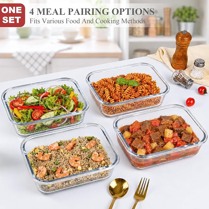 GEHE 4 Pack 52 oz Large Glass Food Storage Containers with Lids - Glass Meal Prep Containers For Baking, Storing, Airtight Lunch Container, Freezer, Dishwasher, Microwave and Oven Safe, BPA Free