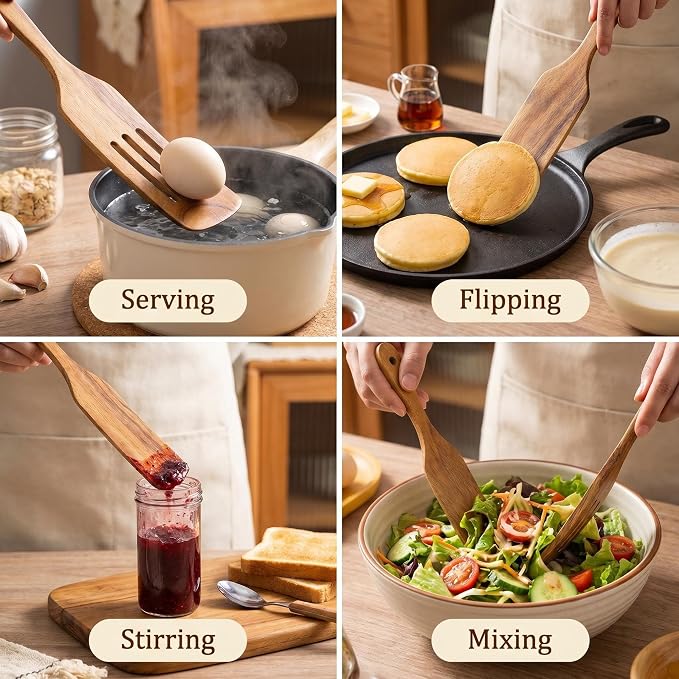 Wooden Spurtle Set As Seen On TV, AOOSY 5 Pcs Natural Acacia Wood Spatula Kitchen Tools Utensil Set Heat Resistant Non Stick Wood Cookware, Slotted Spatula for Stirring