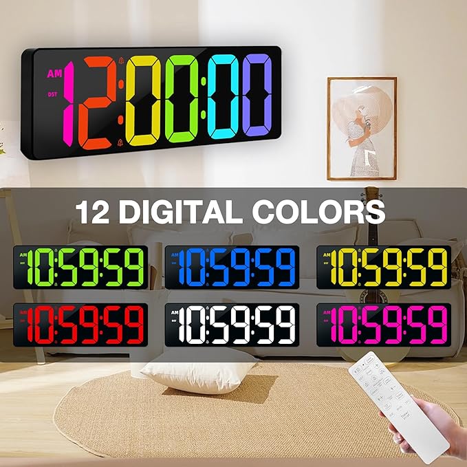 17.2" Large Digital Timer Wall Clock with Remote Control, Count Down Up Digital Timer, Auto DST LED Big Digital Clock for Bedroom Kitchen Living Room Office Gym Home Decor, RGB
