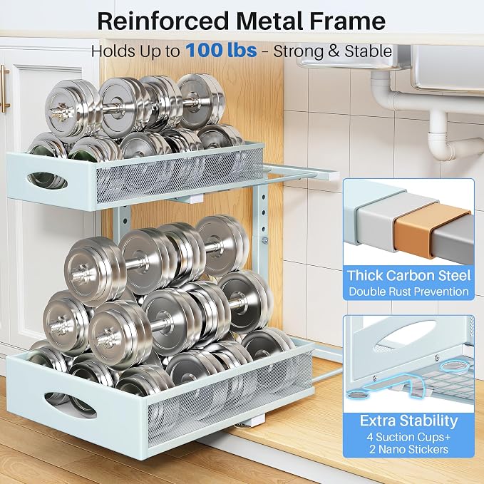 Under Sink Organizer, 2 Tier Pull Out Under Cabinet Organizer Shelf with Pad for Framed Cabinets, Metal Slide Out Under Sink Storage, Mesh Sliding Drawers for Kitchen Bathroom Laundry(Blue, 1 Pack)