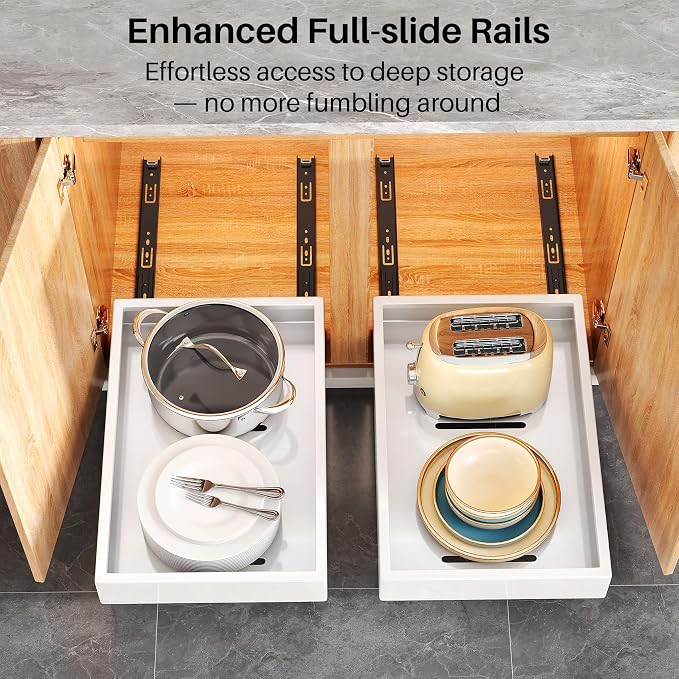 2Pack Pull out Cabinet Organizer, 21"Deep, Heavy Duty Full-extension Slide out Drawers for Kitchen Cabinet, Roll out Shelf Storage with Nano Adhesive for Pots,17"W x 21"D x 3.1"H, White