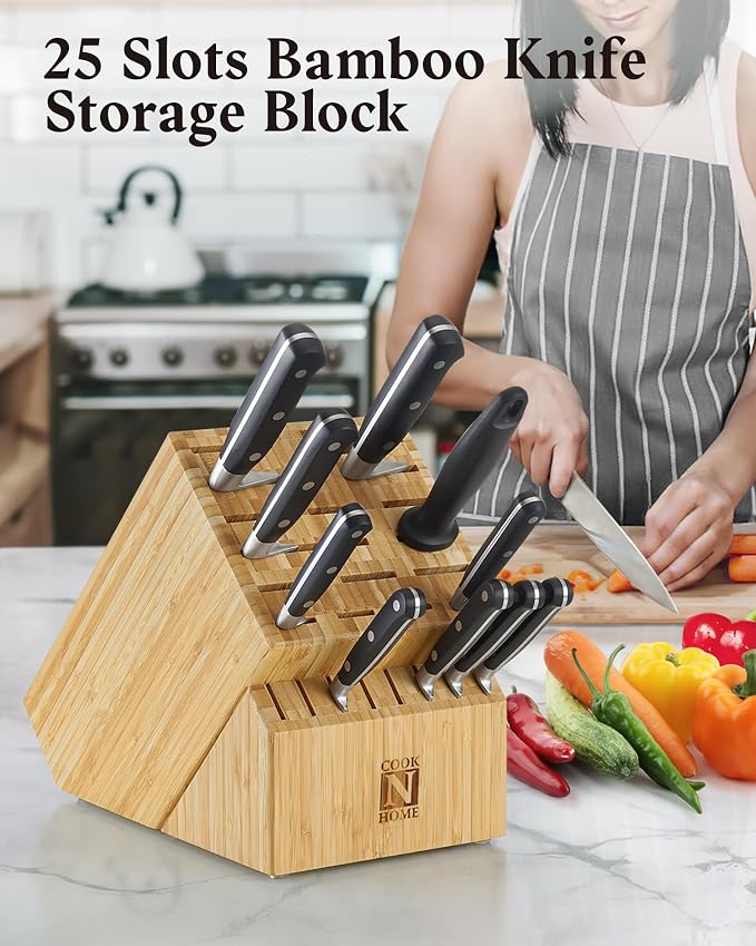 Cook N Home Basics,Bamboo Cutlery Block without Knives, Universal Knife Holder Countertop Butcher Block Knife Stand for Easy Kitchen Storage, 25-Slot