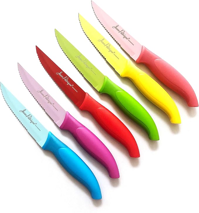 Jean-Patrique Non-Stick Steak Knife 6 Piece Set | Steel Blades Protector FREE Perspex Clear Knives Block