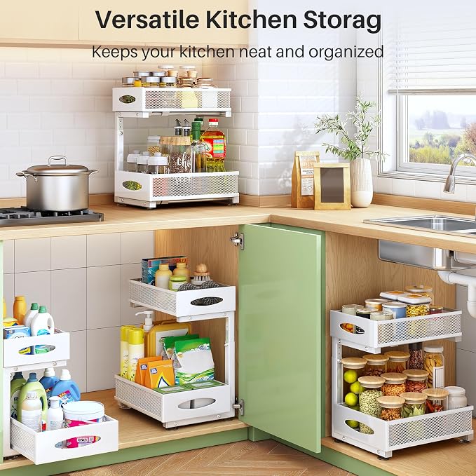 Under Sink Organizer, 2 Pack 2 Tier Pull out Cabinet Organizer Baskets with Mesh Sliding Drawers, Slide out Sink Storage Shelves for Kitchen, Bathroom, Pantry, Cabinet Organizers and Storage(White)