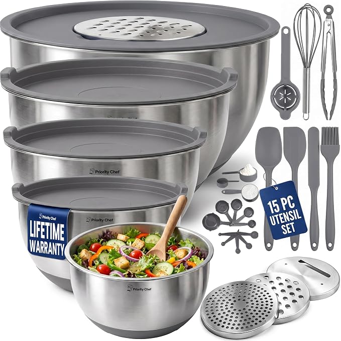 Priority Chef Stainless Steel Mixing Bowls with Lids Set, Metal Nesting Bowls with Airtight Lids, Graters, Non-Slip Base & Measurement Marks, Includes Utensil Set for Prep, Baking & Storage, Grey