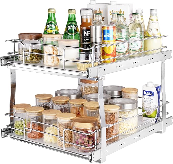 VEVOR 2 Tier 17"Wx21.2"Dx15.2"H Pull Out Cabinet Organizer, Heavy Duty Slide Out Pantry Shelves, Steel Roll Out Drawers, Sliding Drawer Storage for Home, 18.5"Wx22.5"Dx19"H Install Size for Cabinet