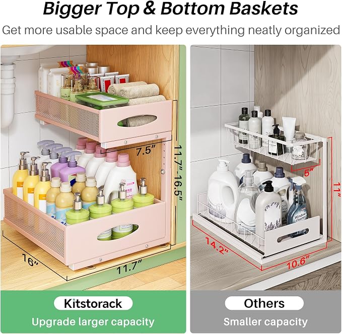 Under Sink Organizer, 2-Pack Pull Out Cabinet Organizer 2 Tier Metal Slide Out Storage Shelf Rack, L-Shaped Adjustable Height,Mesh Sliding Drawer for Kitchen, Bathroom, Laundry, Pantry, Pink, XL