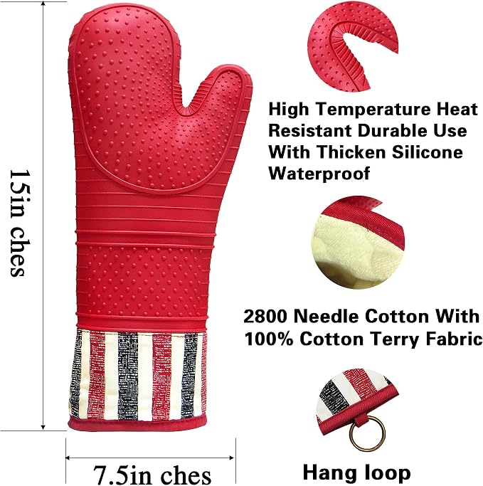 Heat Resistant 550 Degree Oven mitt, Silicone Oven Hot Mitts - 1 Pair, Extra Long Professional Baking Oven Gloves - Food Safe,Pot Holders Cooking,Grilling,Kitchen (red Mittens)