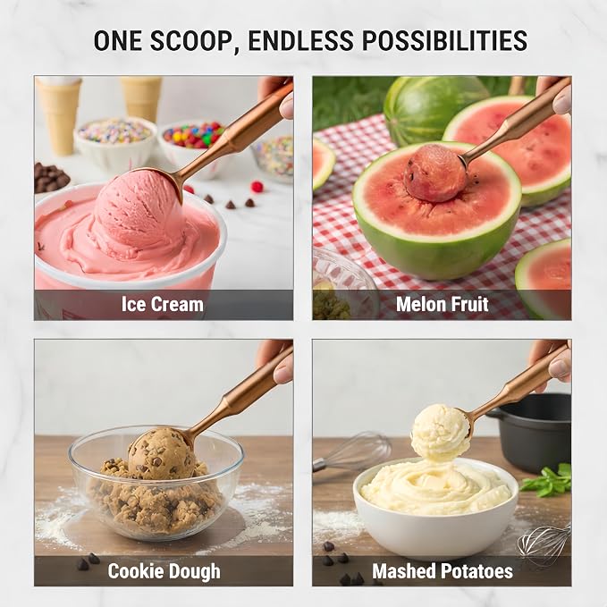 Stainless Steel Ice Cream Scoop, Heavy Duty Ice Cream Scooper with Ergonomic Grip, 100% Dishwasher Safe One-Piece Metal Scoop for Hard Ice Cream, Gelato & Cookie Dough,Rose Gold