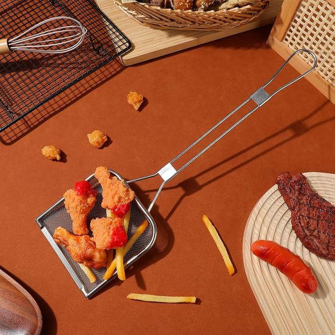STOBAZA Fine Mesh Skimmer Spoon for Hot Pot and Frying Stainless Steel Fat Skimmer with Long Handle and Hanging Hole Food Strainer for French Fries Poached Eggs Vegetables and Meat 16.92 X 5.11 Inch