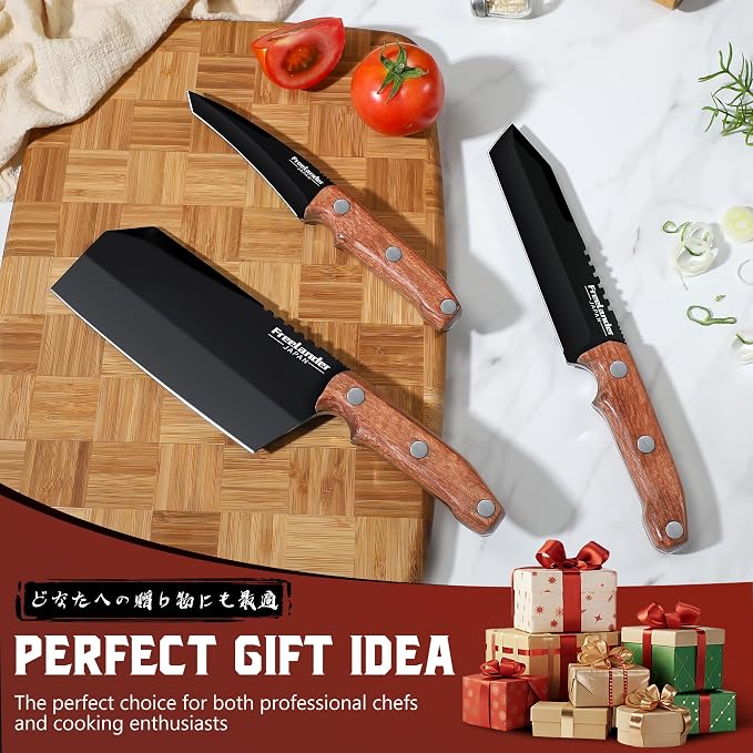 Freelander Butcher Knife Set 3 PCS, Japanese Chef Knife Set with Roll Bag, Full Tang Meat Cleaver for Kitchen & Camping & BBQ, Gift for Men