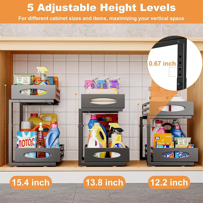 mixeshop Under Sink Organizer, 2 Tier Under Sink Organizers and Storage, Adjustable Height, Slide out Metal Cabinet Organizers, Pull out Cabinet Storage Drawer Shelf for Kitchen Bathroom (Black, 2)