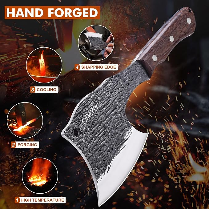 OPAYLY Heavy-Duty Bone Chopper Knife Hand Forged Meat Cutting with Cover Meat Bone Cleaver Knife High Carbon for Kitchen Outdoor Camping BBQ men gifts