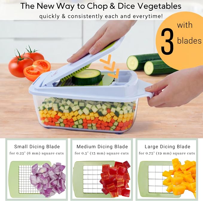 Brieftons QuickPush Food Chopper: 8-Cup Push-Down Onion & Vegetable Dicer, 3 German Steel Blades, BPA-Free Container with Keep-Fresh Lid and Cleaning Comb - Manual, Dishwasher Safe