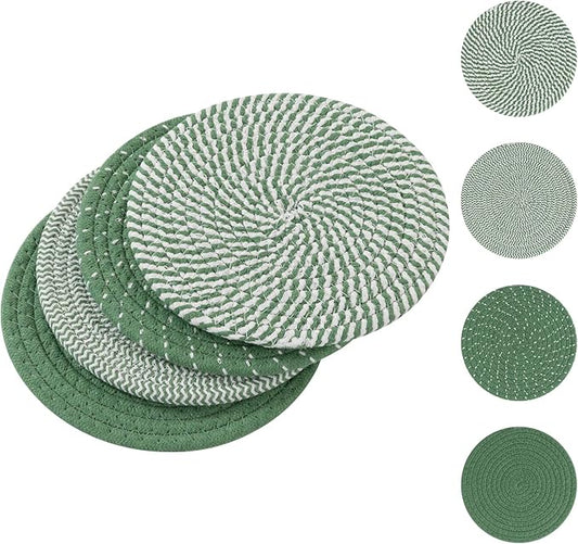 SHACOS 8 Inches Trivets for Hot Dishes, 4 Pieces Cotton Trivets Mats for Kitchen, Hot Pads for Countertops and Table, Heat-Resistant Pot Holders for Hot Pots and Pans(Green, 4pcs)
