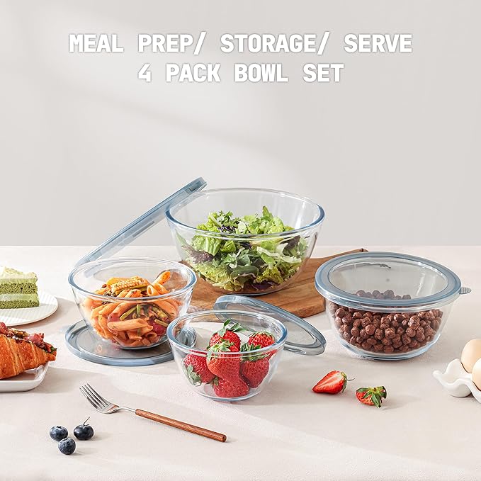 Cuiselect 4pc Glass Mixing Bowls with Lids Set (2.80QT, 1.64QT, 1.16QT, 0.85QT), Thick Salad Bowl, Nesting Glass Mixing Bowl for Cooking, Baking, Prepping-Dishwasher Microwave Freezer Safe