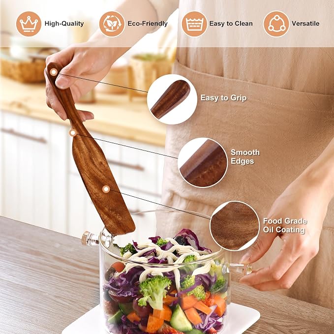 5Pcs Wooden Spurtle Set, Natural Acacia Wood Kitchen Utensils Set for Cooking, Stirring, Mixing, Serving, Heat Resistant Non-Stick, Wooden Spurtles for Mom, Wife Cooking Gifts