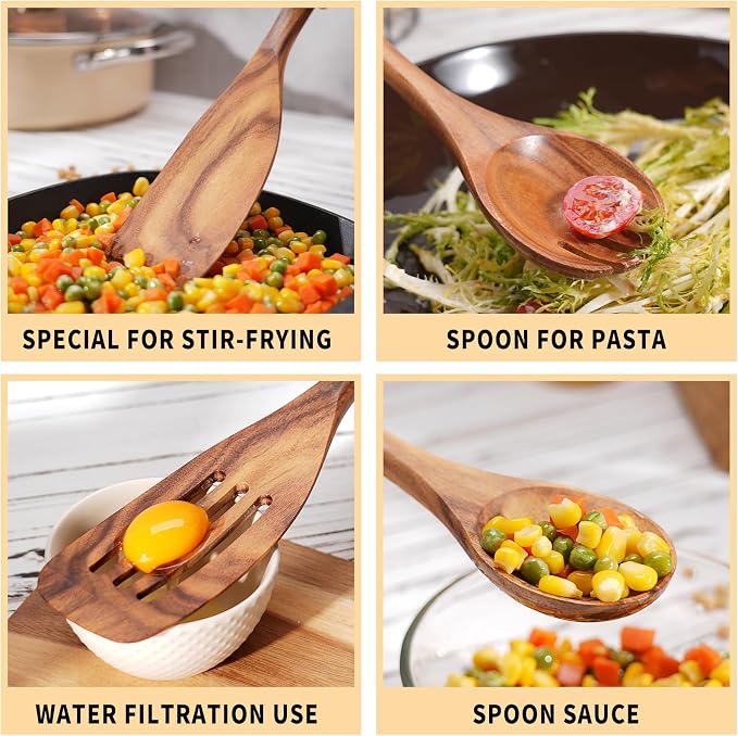 Wooden Utensil Set 9 Pcs,Sturdy & Easy to Clean, Natural Teak Wooden Spoons for Cooking,Spatula Set, Slotted Spoon, Wooden Spoon Set,Terrific for Everyday Kitchen Tasks