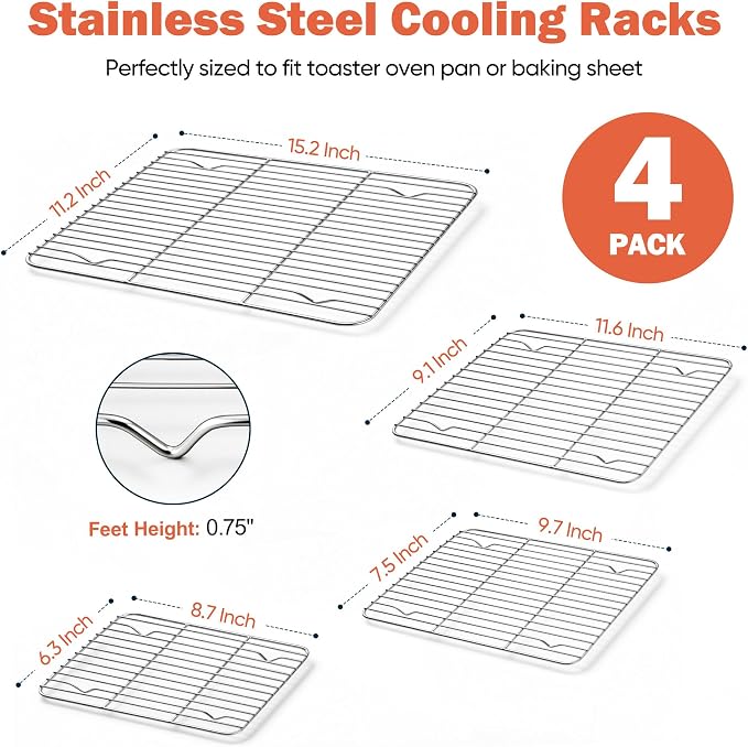 Homikit Stainless Steel Cooling Racks Set for Oven Cooking Baking, 4 PCS | Wire Baking Rack for Toaster Oven Roasting Bacon Cookies, Various Size Metal Racks Fit Sheet Pan, 8.7+9.7+11.6+15.2 Inch