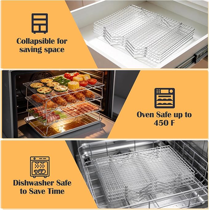 P&P CHEF 4 Tier Stackable Cooling Racks for Cooking and Baking, 15" x 10" | Stainless Steel Stackable Grid Cooling Rack for Cooling Roasting Grilling, Collapsible & Heavy Duty, Oven & Dishwasher Safe