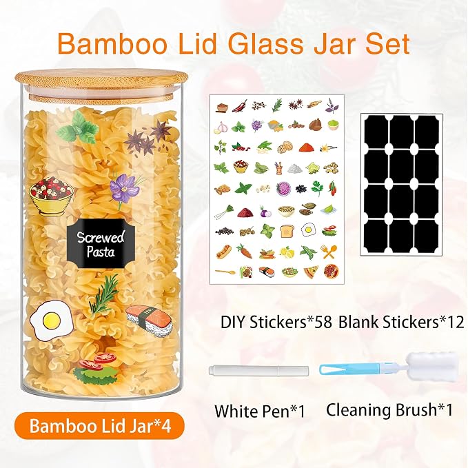 BGraceyy Glass Storage Jars 45 oz 4 Pcs Clear Glass Food Storage Containers with Airtight Bamboo Lid Stackable Kitchen Canisters for Candy, Cookie, Rice, Sugar, Flour, Pasta, Nuts