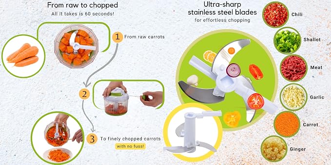 Brieftons QuickPull Manual Food Chopper, 4-Cup Hand Pull String Chopper, No Electricity, Chops Onion Tear-Free, Garlic, Vegetables, Herbs, Nuts for Salsa, Guacamole, Pesto, Baby Food, RV, Camping