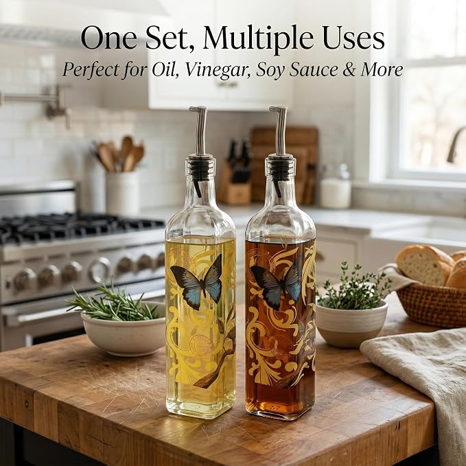 Topadorn Set of 2 Butterfly Olive Oil Dispenser Bottles, 17oz Decorative Glass Oil & Vinegar Cruet Set with Pour Spouts, Refillable Kitchen Countertop Dispensers