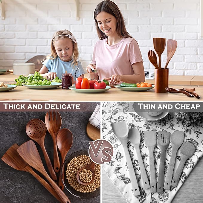 6-Piece Teak Wood Cooking Utensil Set, Wooden Spoons for Cooking | Durable, Non Toxic, Non-Stick, Smooth Finish, Easy to Clean, Comfort Grip, House Warming Gift