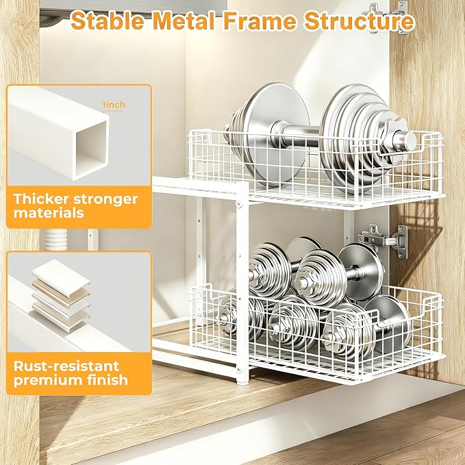 Under Sink Organizer, 2-Tier Pull Out Cabinet Organizer, Kitchen Bathroom Organizer and Storage, Spice Rack for Kitchen, Multi-use Sliding Drawers Shelves
