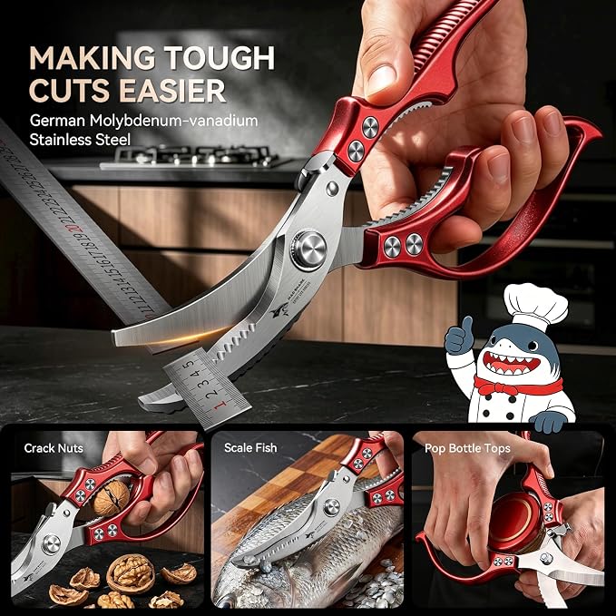 Professional Heavy Duty Poultry Shears - Kitchen Shears for Spatchcocking Chicken and Meat Cutting, Multi-Purpose Kitchen Scissors for Food, Spring-loaded (Red)