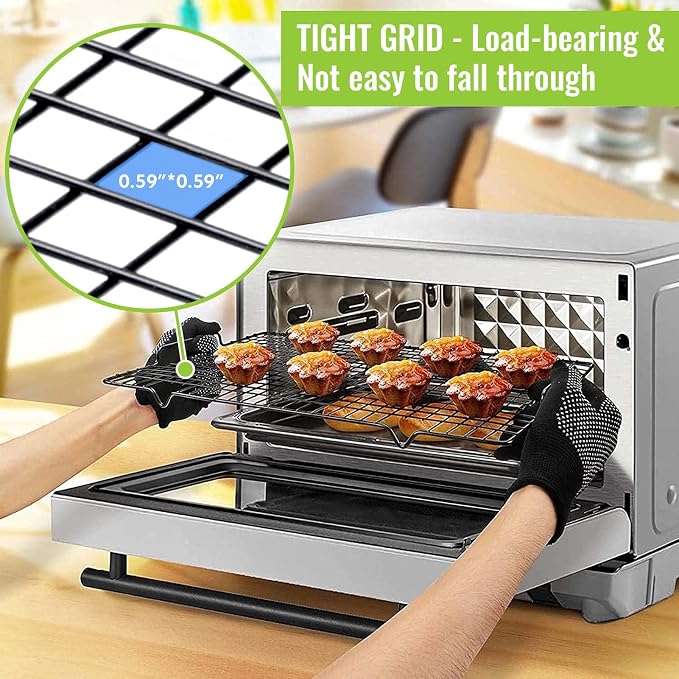 HULISEN Cooling Rack 4-Pack, 16 x 10 Inch Nonstick Baking Rack with Handles | Fits Half Sheet Pan, Oven Safe 500°F, Easy Lift Design for Cookies, Cakes & Baked, Cookie Cooling, Baking, Cooking, Grilling
