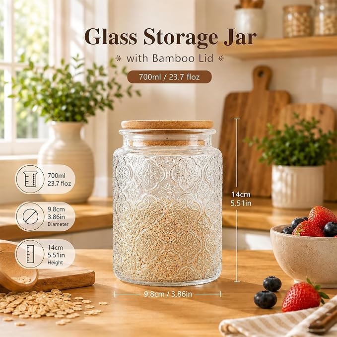 Glass Storage Jars With Airtight Lid, 23.7oz Canister For Kitchen Counter with Bamboo Lid, brown sugar, candy, coffee, cookie, salt, tea,pantry cute Jar (Begonia Flowers*1)