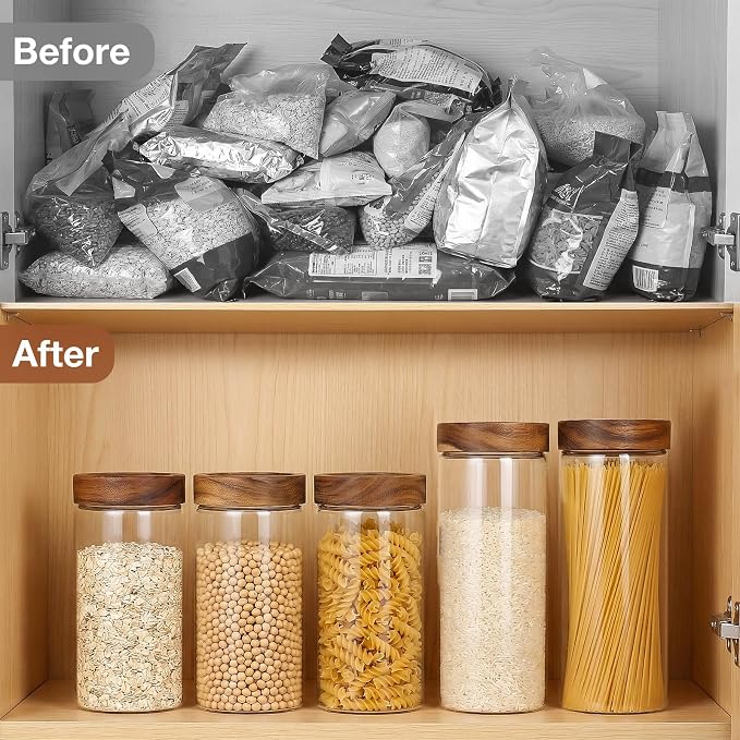 CONNOO 40oz Airtight Glass Storage Containers with Wood Lids (3-Pack) | Airtight Pantry Containers, Keep Pasta, Cereal & Dry Foods Fresh, Includes 120 Labels for Easy Kitchen Organization