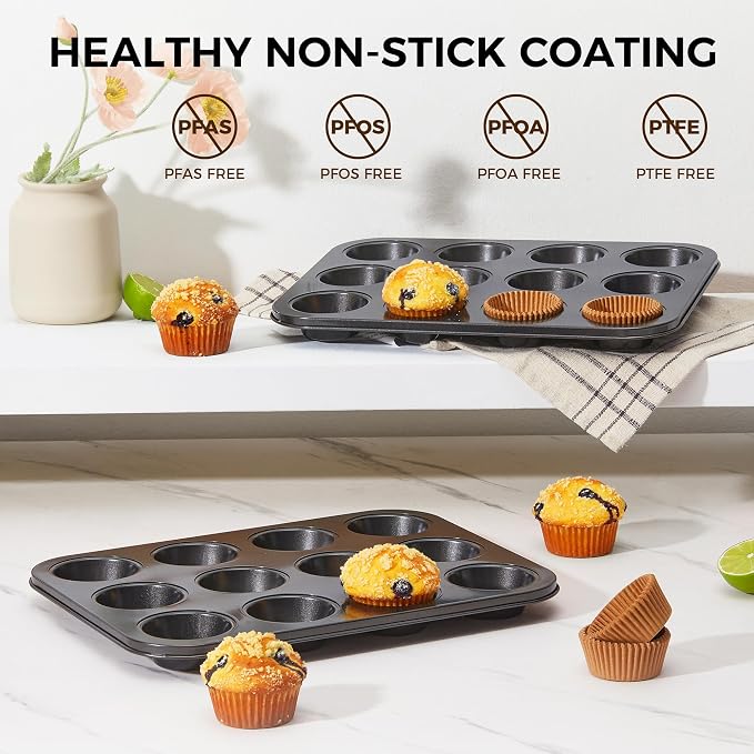 Muffin Pans with 120 Natural Parchment Liners, Nonstick Cupcake Baking Tray for Oven, Premium Standard Size, 12 Cup, 2 Pack, Dark Grey