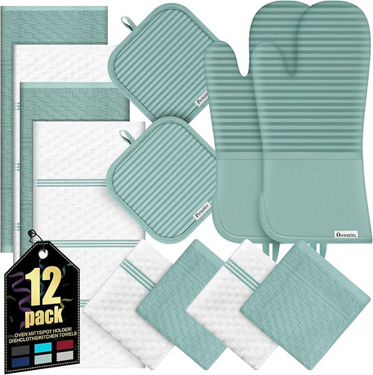 Oven Mitts Kitchen Towels and Dishcloths with Pot Holders Sets, Oven Gloves Hot Pads 500°F Heat Resistant with Silicone Grip, Include 2 Cooking Gloves/2 Potholders/4 Kitchen Towels/4 Dish Towels