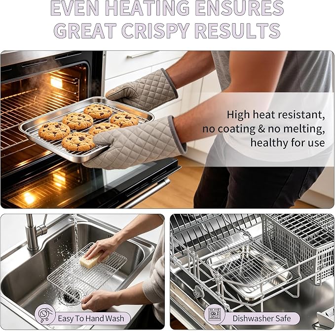 TeamFar Stainless Steel Toaster Oven Pan with Rack Set, 10.5"x 8"x 1" | 2 Pans + 2 Racks, Toaster Oven Baking Pan Tray with Cooling Rack for Cooking, Non-Toxic & Rust Proof, Dishwasher Safe
