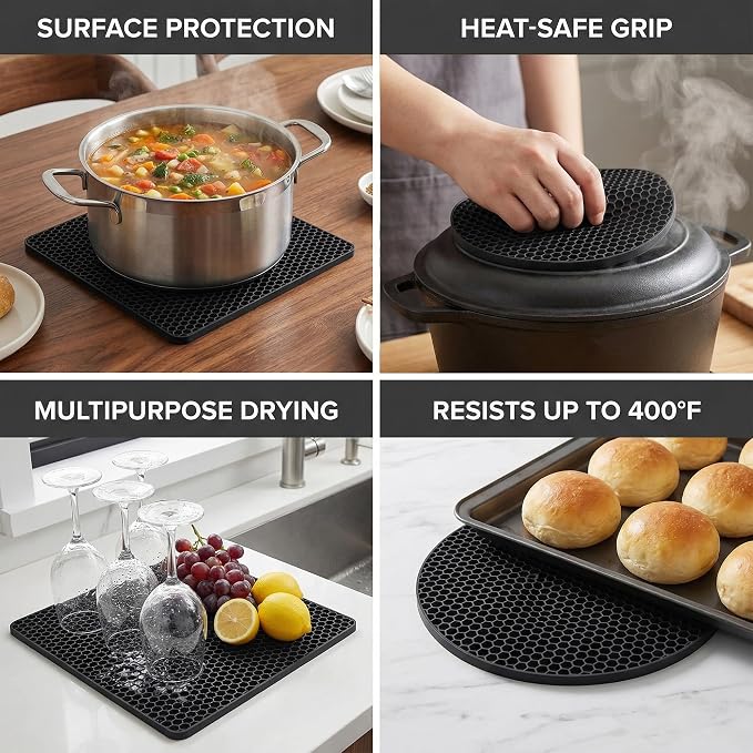 4 Pack Silicone Trivets for Hot Dishes | Heat-Resistant Non-Slip Hot Pads for Kitchen Countertops and Tables, Food-Grade Thick Silicone Mats (7.1x7.1in)