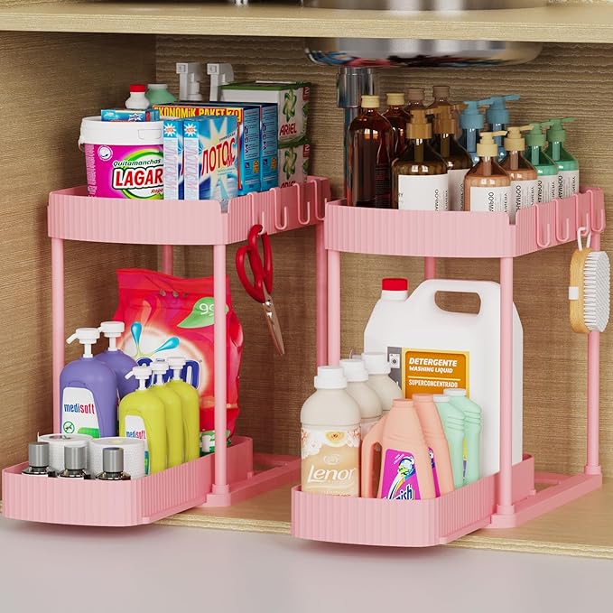 2 Packs Under Sink Pull-Out Storage Organizers, 14.8 Inches,Pink | Multi-Purpose Cabinet Organizers and Storage for Bathroom & Kitchen