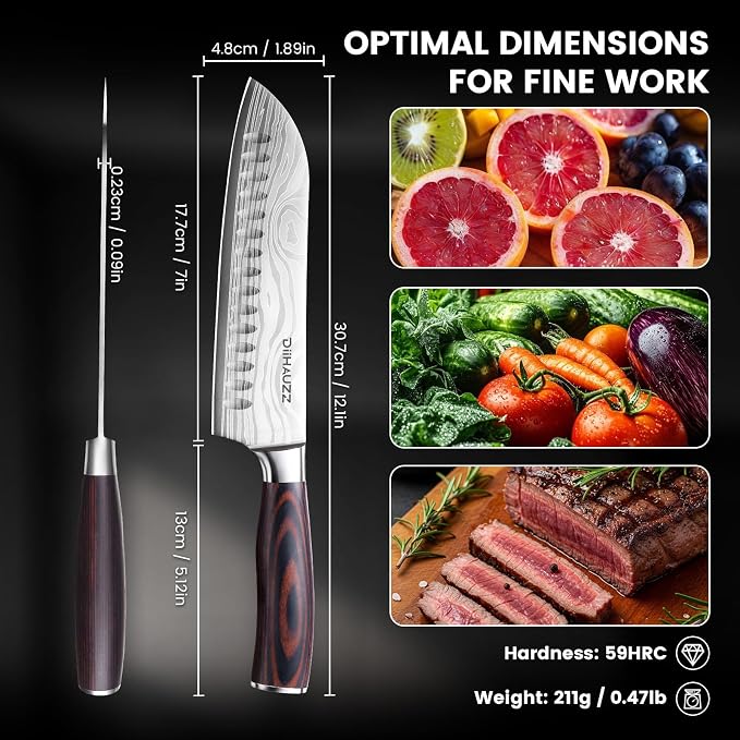 DiiHAUZZ Santoku Knife 7 Inch, Japanese Chef Knife with Ultra Sharp Hollow Edge, High Carbon Steel Forged Professional Kitchen Knives with Ergonomic Pakkawood Handle and Sheath, Gift Box