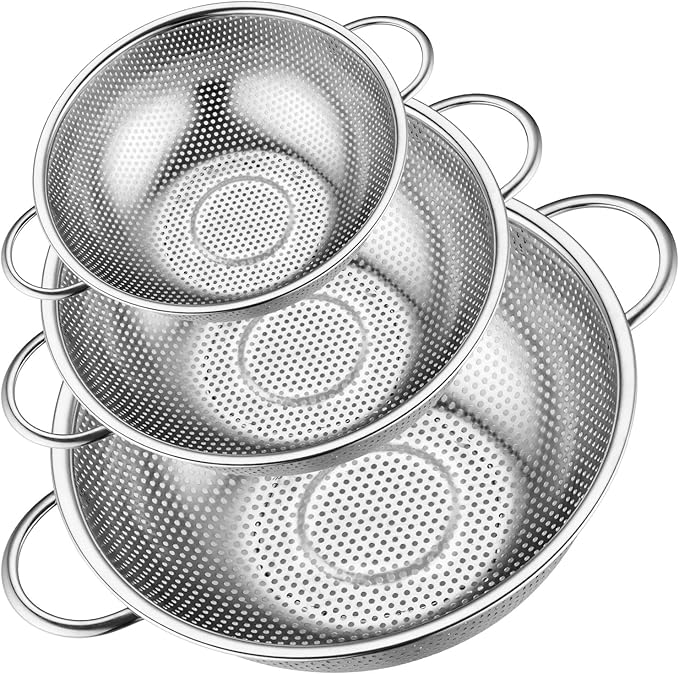 Leonyo Stainless Steel Colander Strainer for Kitchen Set of 3(1-3-5Quart) | Micro-Perforated Metal Strainers and Colanders with Handle for Kitchen Draining Pasta Rinsing,Steaming,Dishwasher Safe