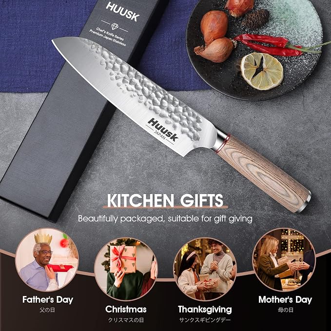 Huusk Japanese Chef Knife for Home & Kitchen - 7" Stainless Santoku Knife with Ultra Sharp High Carbon Blade, Cooking Knifes for Vegetable & Meat Cutting with Wood Handle, Gift Idea for Cooking Lovers