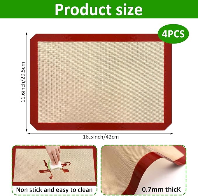 4 Pack 16.5" x 11.6" Reusable Silicone Baking Mat for Cake Pan/16 x11 Cheesecake Pan/Toaster Oven/XL Air Fryer,16" Food Grade Silicone Mat for Baking Sheet, Non-Stick&Reusable