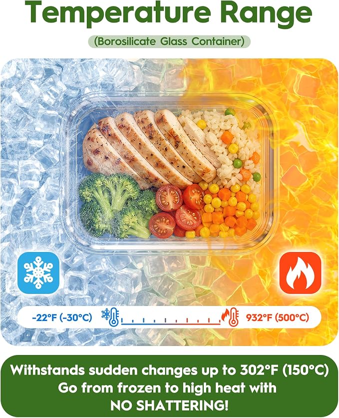 Canfanni 40 Piece Glass Food Storage Containers with Airtight Lids | Borosilicate, BPA-Free, Stackable, Leak-Proof, Meal Prep, Microwave, Dishwasher, Freezer Safe (20 lids & 20 Containers)